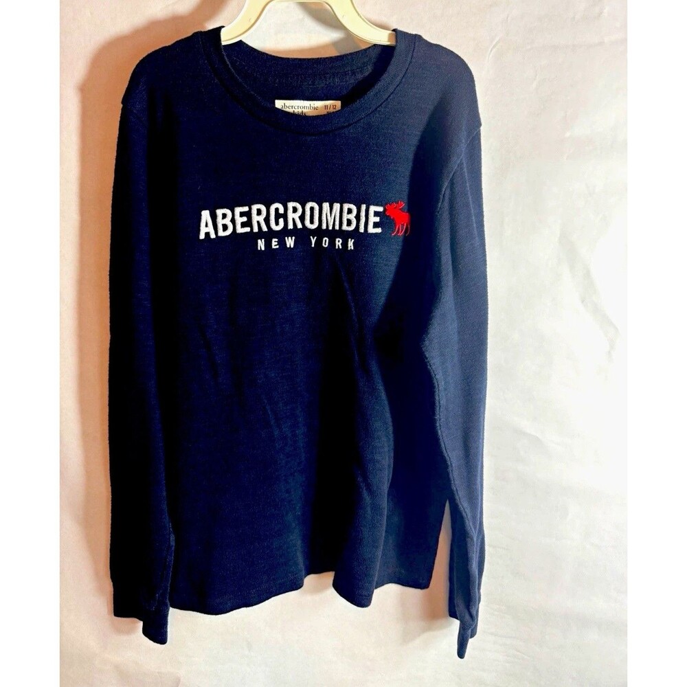 Abercrombie Kids Boys 11/12 Black Graphic Print Logo Crew Neck Long Sleeve Tee